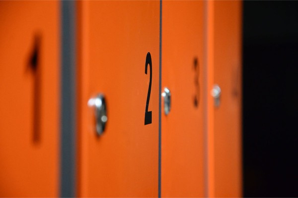 Orange lockers with the number 2 in focus