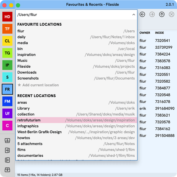 Locations menu showing Favourites & Recents