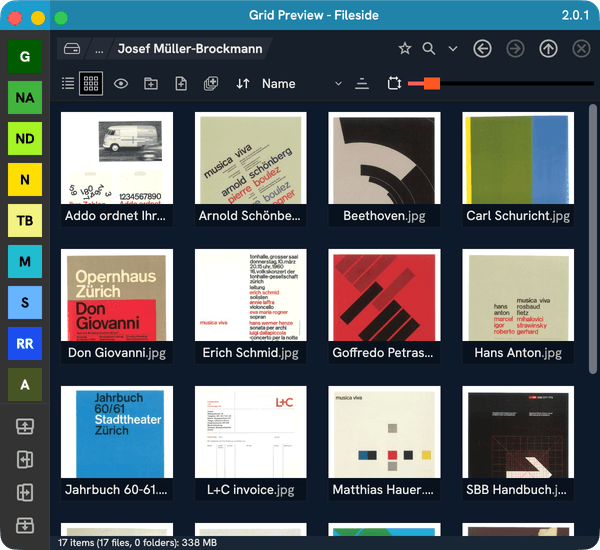 Fileside 2 with a pane in grid view using cover mode on Mac