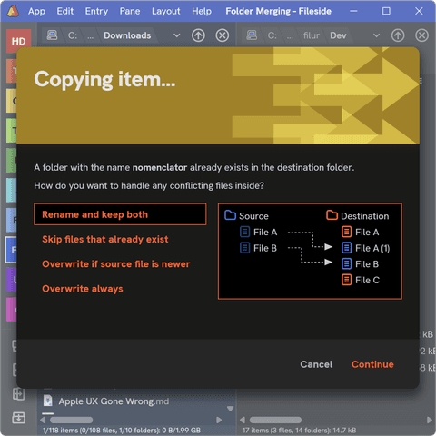 Screenshot of feature Folder merging