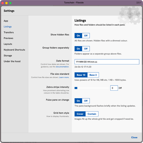 The v2 settings screen