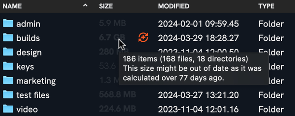 Faded size readout with tooltip