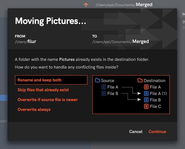 Fileside conflict resolution dialog